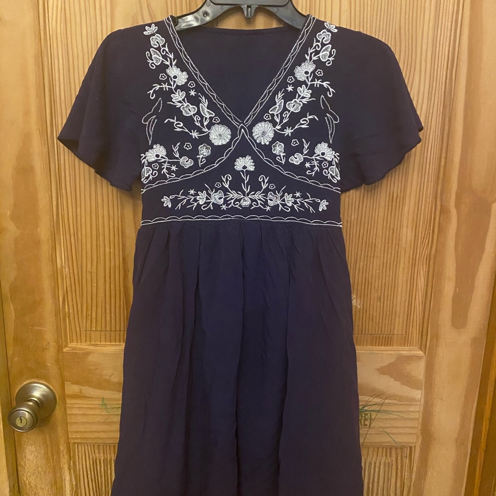 Navy Dress with White Embroidery